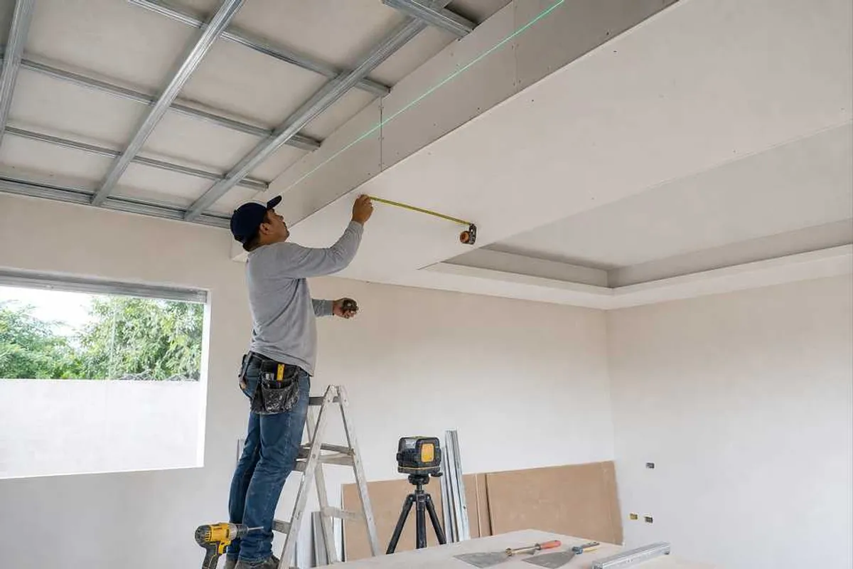 Gesseiro instalando forro de gesso com placas e estrutura nivelada